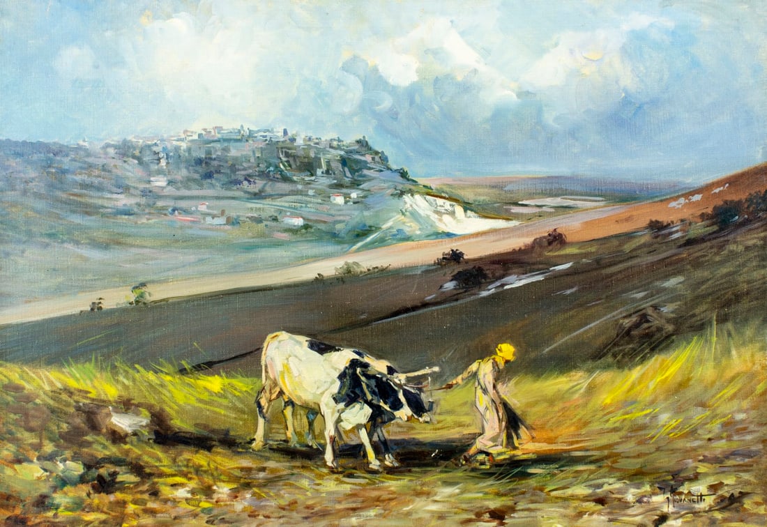 Giordano Giovanetti (Italy,1906-1973) oil painting: ARTIST: Giordano Giovanetti (Italian, 1906 - 1973) TITLE: Countryside Landscape with Woman and Oxen MEDIUM: oil on canvas CONDITION: One indentation by the lower right corne