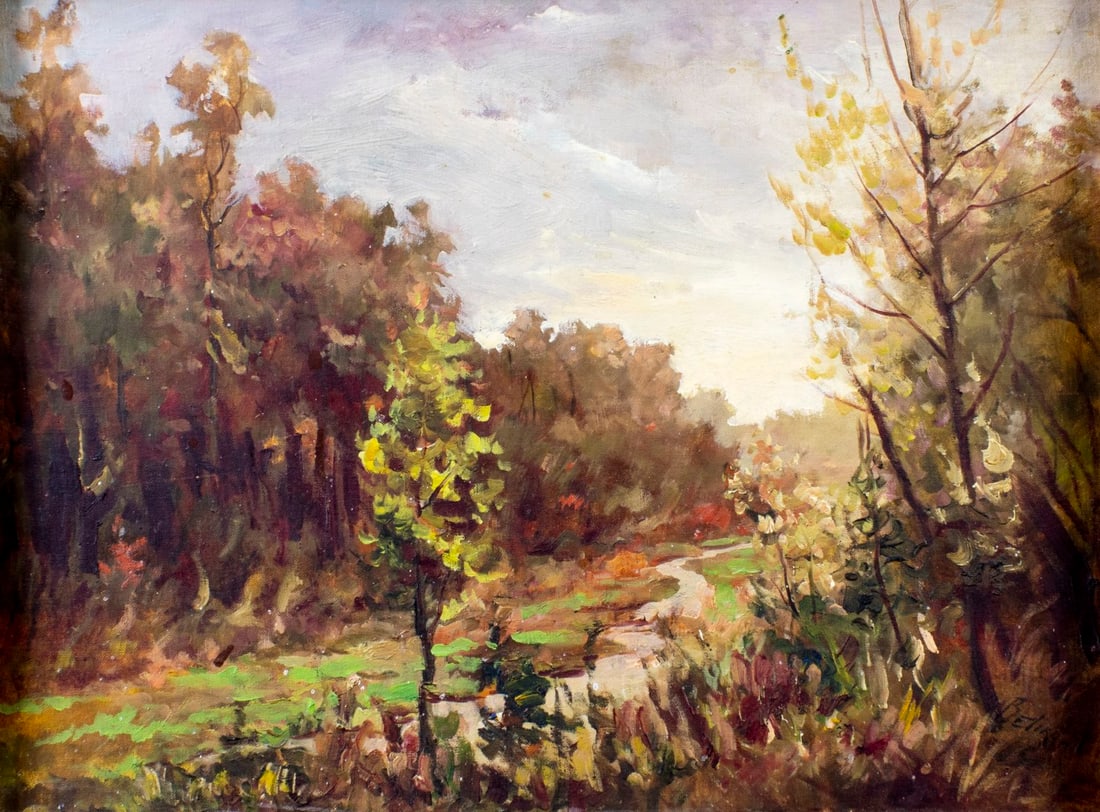 Vintage mid 20C American oil painting: ARTIST: - (American, mid 20 century) TITLE: Autumn Forest Landscape MEDIUM: oil on canvas board CONDITION: Minor paint losses. No visible inpaint under UV light. Some damage