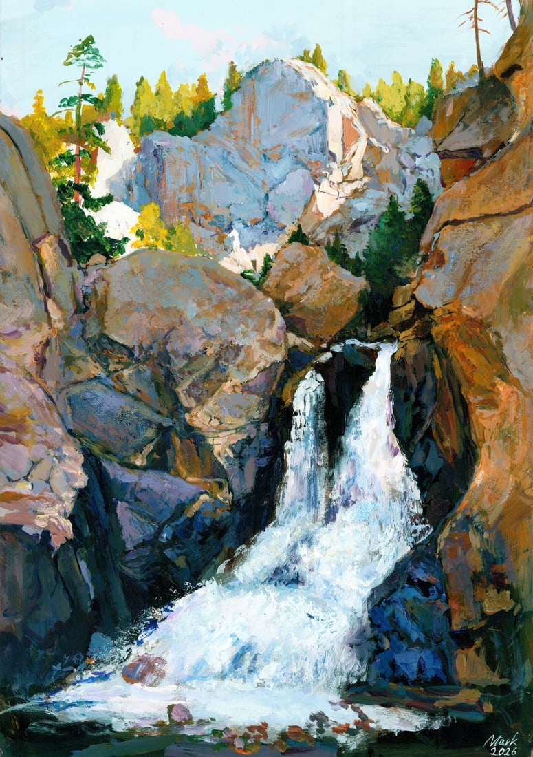 Mark Zybkin (Ukraine,20/21C) oil painting: ARTIST: Mark Zybkin (Ukrainian, 20/21 centuries) TITLE: Mountain Waterfall Landscape MEDIUM: oil on heavy paper CONDITION: Very good. No visible inpaint under UV light. <