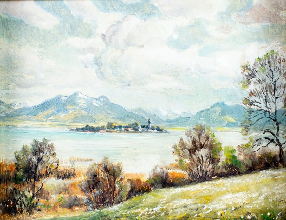 Antique early 20C French oil painting: ARTIST: - (France, early 20 century) TITLE: Mountain Lake Landscape MEDIUM: oil on board CONDITION: Few minor paint losses. No visible inpaint under UV light. Some damages t