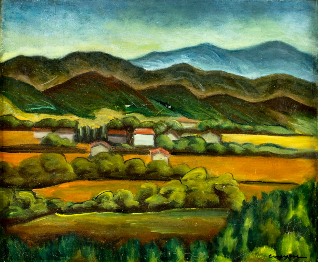 Vintage mid 20C French oil painting signed: ARTIST: - (France, mid 20 century) TITLE: Mountain Village Landscape MEDIUM: oil on canvas CONDITION: Relined. Some paint losses. Some craquelure. No visible inpaint under U