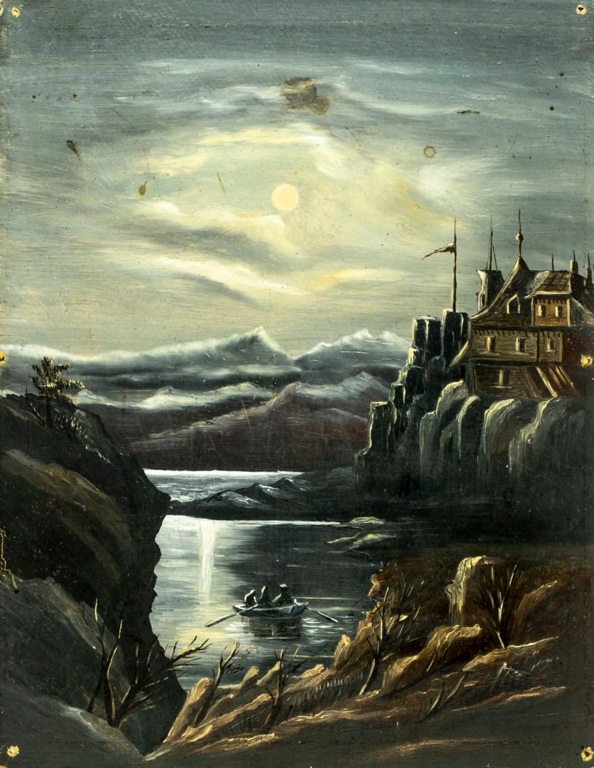 Antique early 20C European oil painting: ARTIST: - (Europe, early 20 century) TITLE: Moonlit Landscape with Castle MEDIUM: oil on board CONDITION: Some nail holes by the edges. Some staining. Minor scratches. No vi