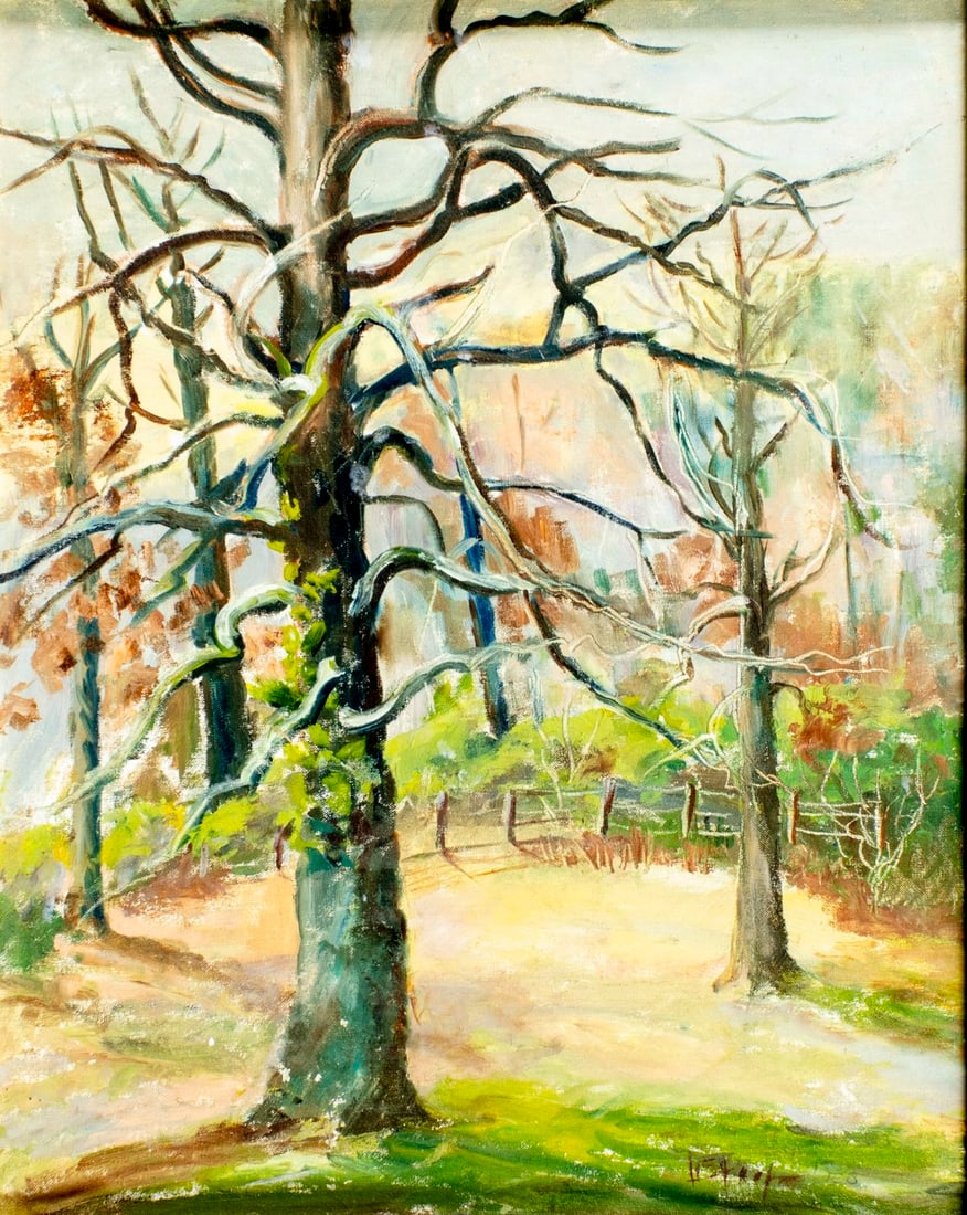Lucille Sharp (MS,AL,mid 20C) oil painting: ARTIST: Lucille W Sharp (Mississippi, Alabama, mid 20 century) TITLE: Landscape - Tree in Winter (titled on verso) YEAR: 1950 MEDIUM: oil on canvas board CONDITIO