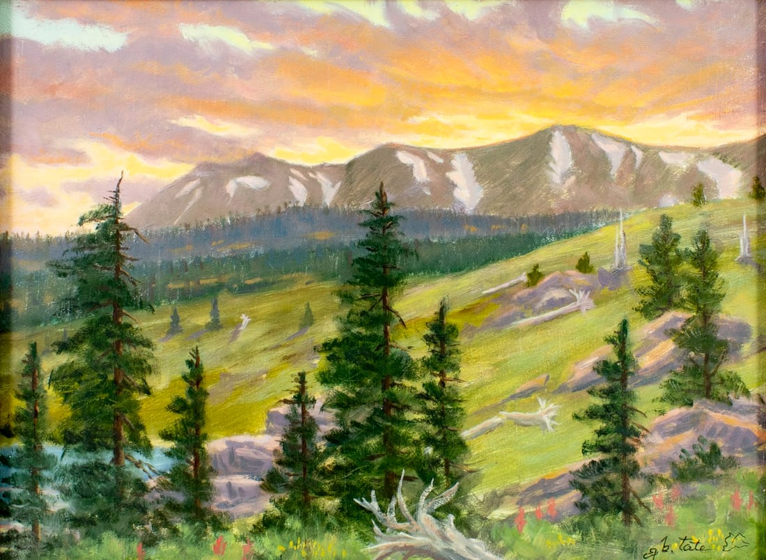 Gayle Tate (WY,FL,b 1944) oil painting: ARTIST: Gayle Blair Tate (Wyoming, Florida, born 1944) TITLE: Sunset Landscape at Libby Flats, WY MEDIUM: oil on board CONDITION: Some vertical surface cracks. No visible in