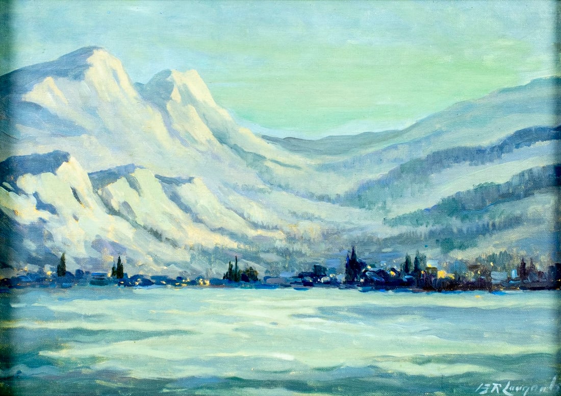 Vintage mid 20C American oil painting signed: ARTIST: - (American, mid 20 century) TITLE: Mountain Landscape MEDIUM: oil on canvas board CONDITION: Overall good. No visible inpaint under UV light. ART SIZE:</