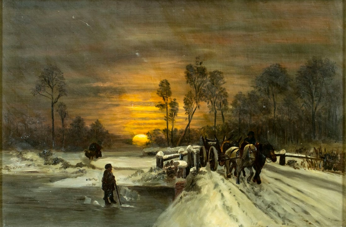 Antique early 20C American oil painting: ARTIST: - (United States, early 20 century) TITLE: Sunset Winter Landscape with Horse Cart MEDIUM: oil on canvas CONDITION: Few small scratches/paint losses mostly in the up