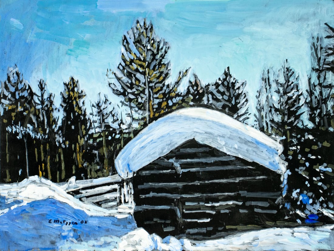 Evelyn Metzger (NY,Brazil,1911-2007) oil painting: ARTIST: Evelyn Borchard Metzger (New York, Brazilian, 1911 - 2007) TITLE: Winter Landscape with Hut YEAR: 2002 MEDIUM: oil on board CONDITION: Some small