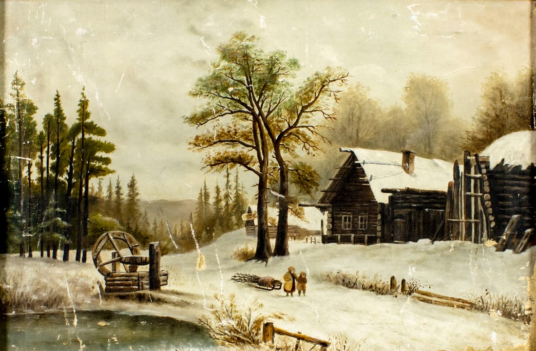Antique 19C American oil painting: ARTIST: - (American, 19 century) TITLE: Winter Country Landscape MEDIUM: oil on canvas CONDITION: Two small patches. Some scratches/paint losses (see pictures carefully). Fe