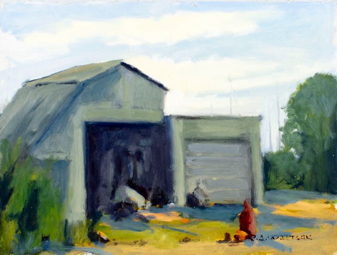 Robert Waltsak (NJ,b 1944) oil painting: ARTIST: Robert Alan Waltsak (New Jersey, born 1944) TITLE: Landscape with Barn MEDIUM: oil on board CONDITION: Overall good. No visible inpaint under UV light. AR