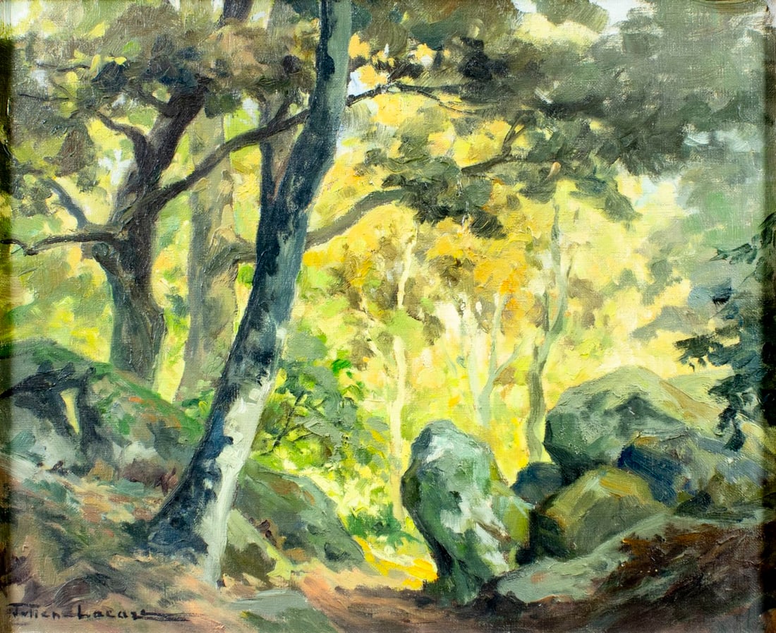 Julien Lacaze (France,1886-1971) oil painting: ARTIST: Julien Lacaze (French, 1886 - 1971) TITLE: Forest Landscape MEDIUM: oil on canvas CONDITION: Some paint losses. Minor craquelure. No visible inpaint under UV light.<