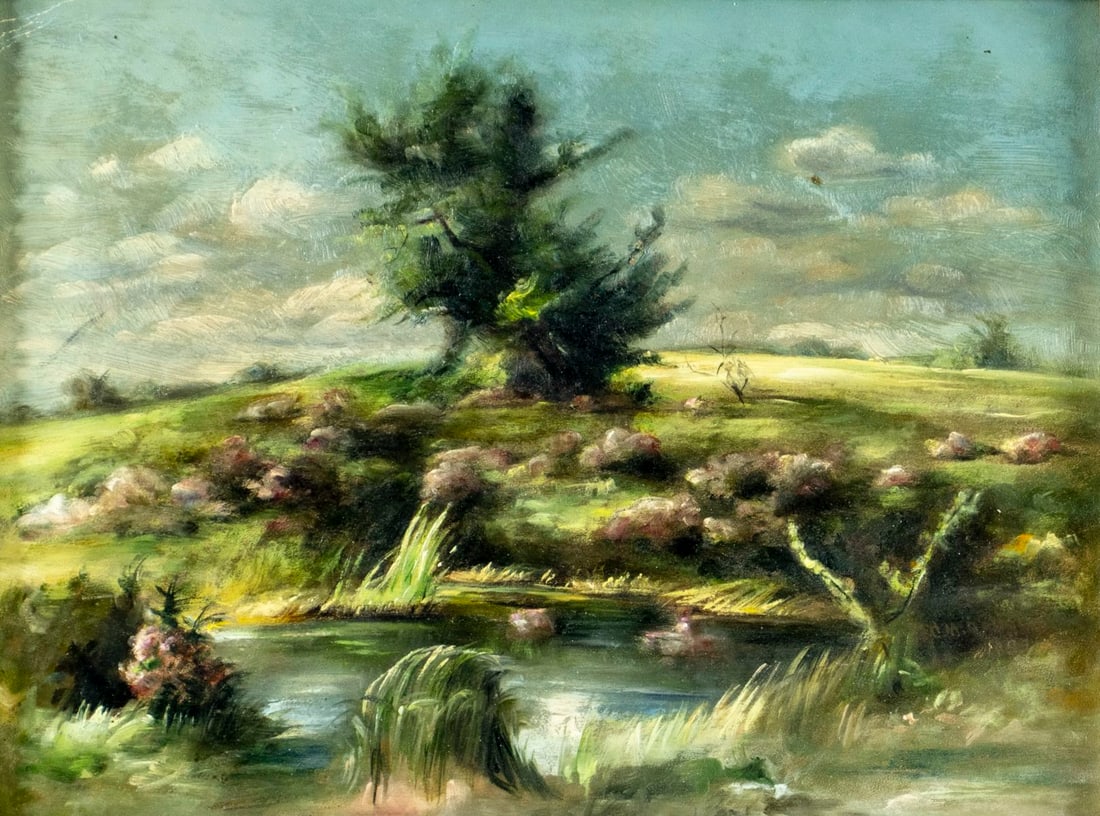 Charles Doughty (CT,CA,1878-?) oil painting antique: ARTIST: Charles M Doughty (Connecticut, California, 1878 - ???) TITLE: Pond Landscape YEAR: 1899 MEDIUM: oil on canvas CONDITION: Few minor paint losses