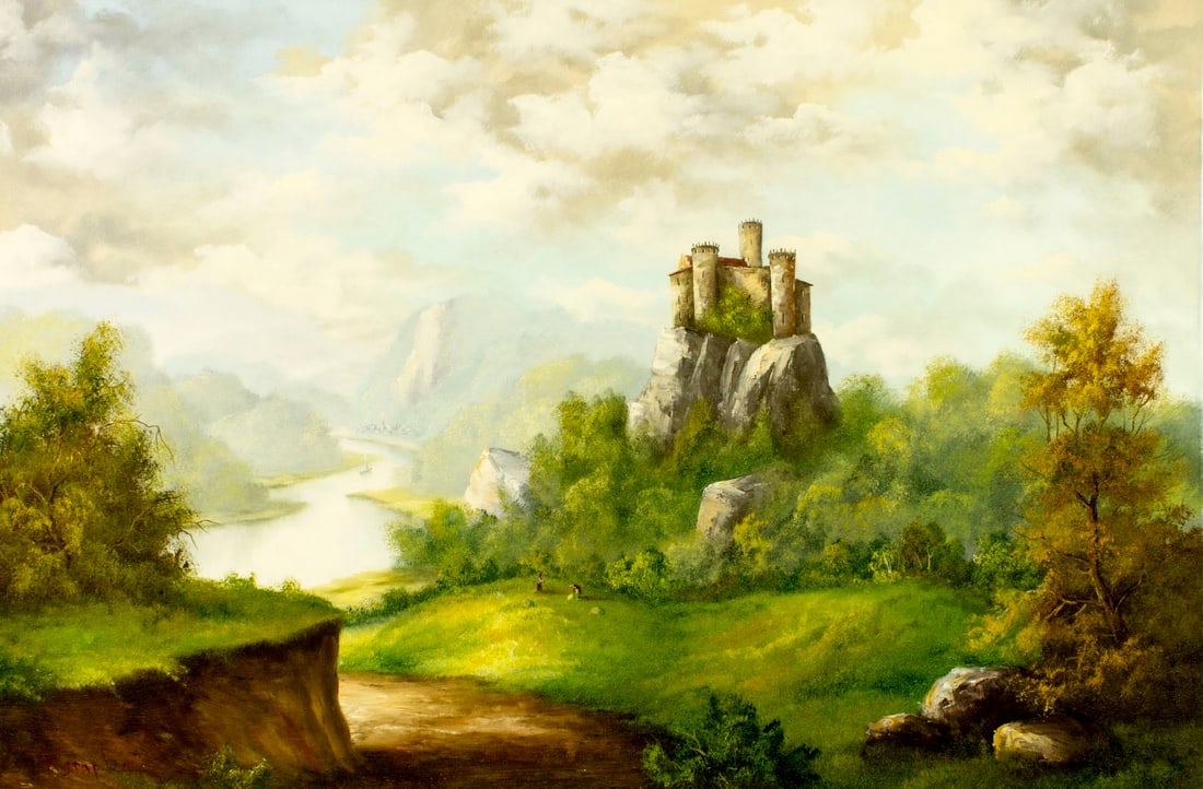 C Karopka (Europe,20C) oil painting: ARTIST: C Karopka (European, 20 century) TITLE: Mountain Landscape with Castle MEDIUM: oil on canvas CONDITION: Unstretched (In-House stretching available) (In-House stretch