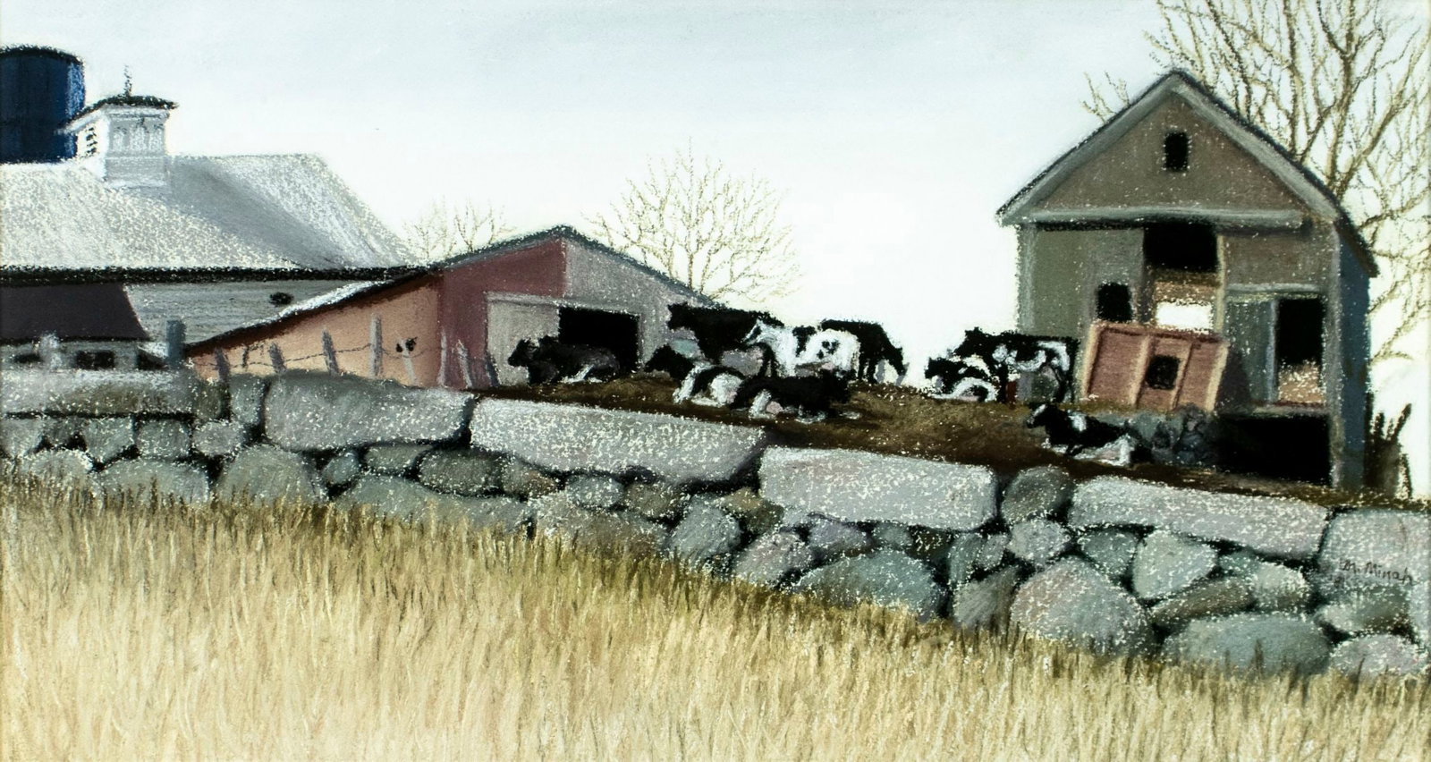 Michelle Minah (NC,20/21C) pastel painting: ARTIST: Michelle Minah (North Carolina, 20/21 centuries) TITLE: Cows Waiting (titled on verso) YEAR: 1981 MEDIUM: pastel on paper CONDITION: Very good. F