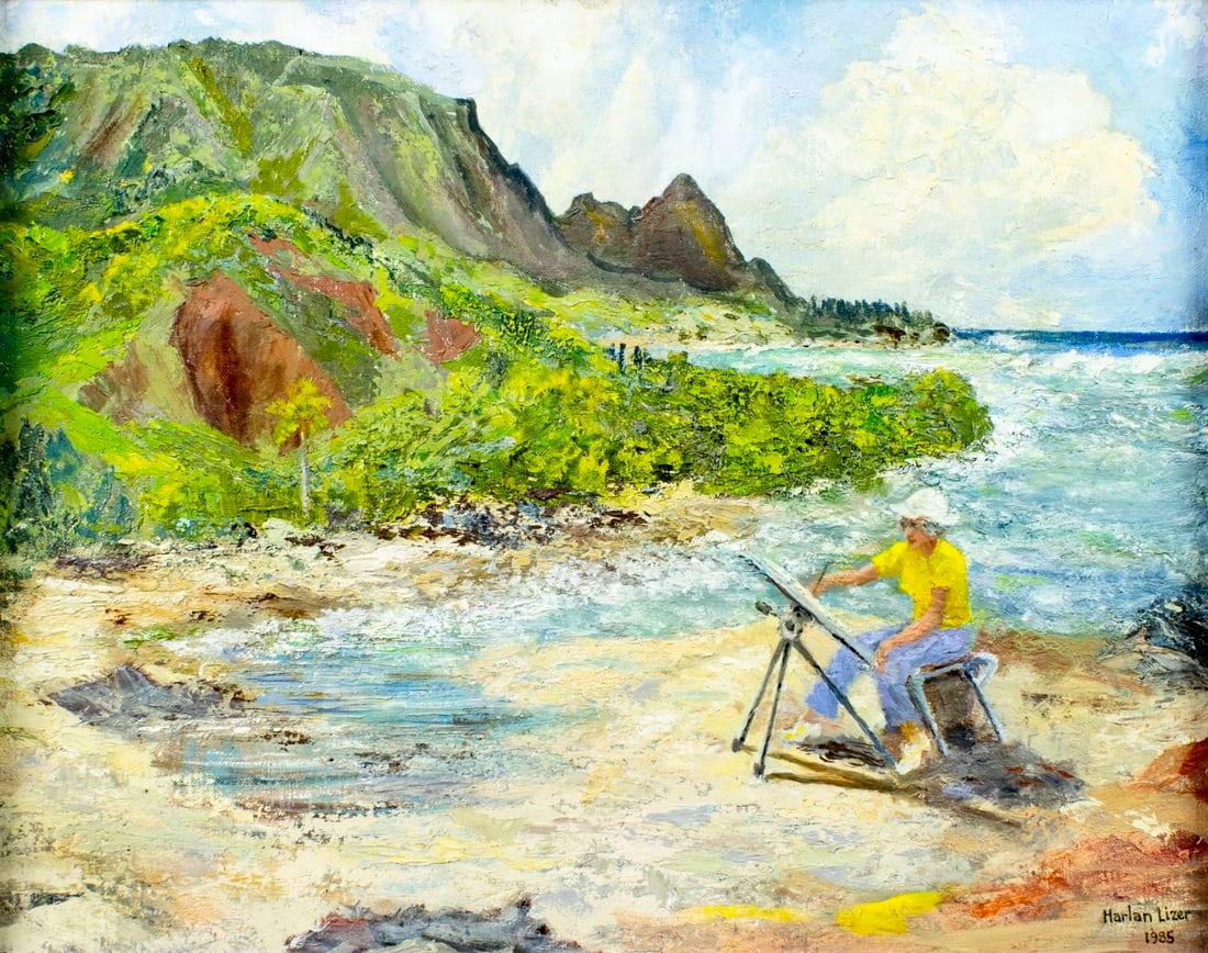 Harlan Lizer (US,1911-2003) oil painting: ARTIST: Harlan Lizer (American, 1911 - 2003) TITLE: Coastal Landscape with Artist YEAR: 1985 MEDIUM: oil on canvas. Canvas applied to board. CONDITION: O