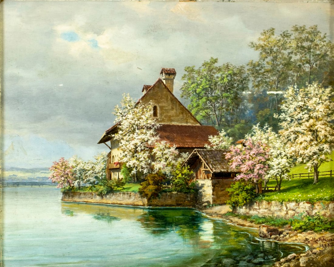 ATTR Adolf Methfessel (CA,Swiss,Argentinian,1836-1909) oil painting antique: ARTIST: ATTRIBUTED TO Adolf Methfessel (California, Switzerland, Argentina, 1836 - 1909) TITLE: Spring Lake Landscape with Cottage YEAR: 1903 MEDIUM: oil on canvas board