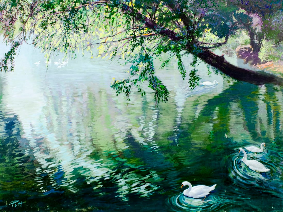 Donald Putt Putman (CA,1926-2007) acrylic painting: ARTIST: Donald Putman (California, 1926 - 2007) TITLE: Lake Landscape with Swans MEDIUM: acrylic on paper. Paper applied to board. CONDITION: Minor damages to corners. Some