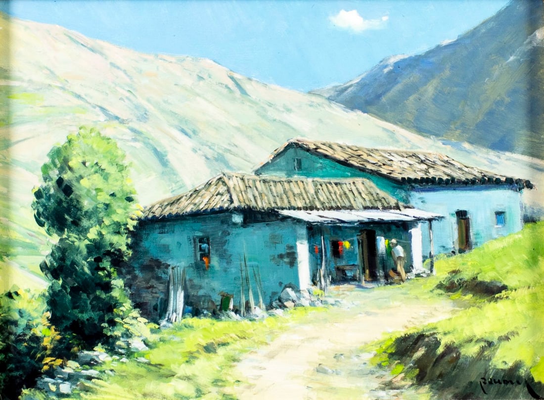 Miguel Renom de Garate (Spain,Venezuela,1912-1984) oil painting: ARTIST: Miguel Renom de Garate (Spanish, Venezuelan, 1912 - c 1984) TITLE: Mountain Landscape with Cottage MEDIUM: oil on board CONDITION: Overall good. No visible inpaint u