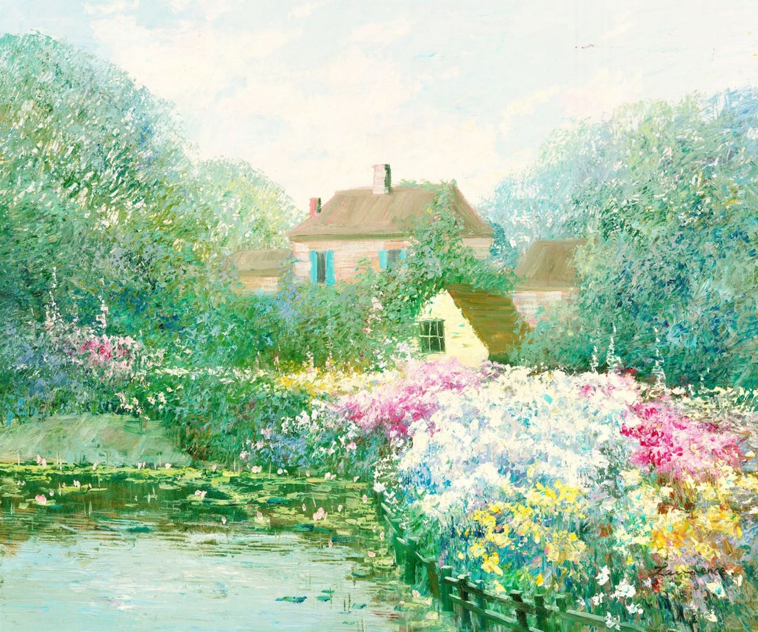 Law Kwok Leung (CA,NY,China,b 1954) oil painting: ARTIST: Law Kwok Leung (California, New York, Chinese, born 1954) TITLE: Garden Landscape with Cottage MEDIUM: oil on canvas CONDITION: Unstretched (In-House stretching avai