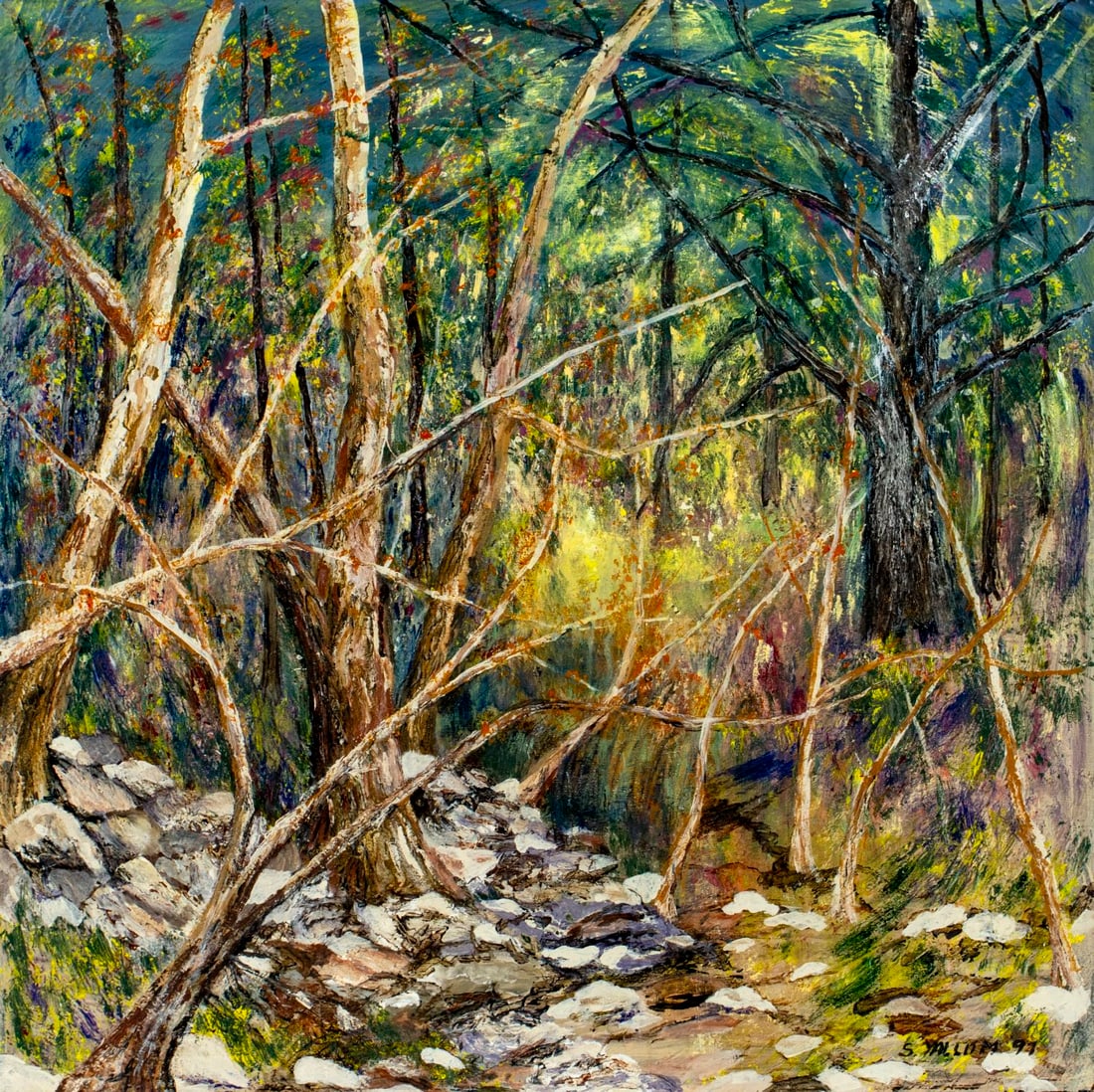 S Yallom (US,20C) oil painting: ARTIST: S Yallom (American, 20 century) TITLE: Forest Landscape YEAR: 1997 MEDIUM: oil on canvas CONDITION: One patch. Some small paint losses. Some craq