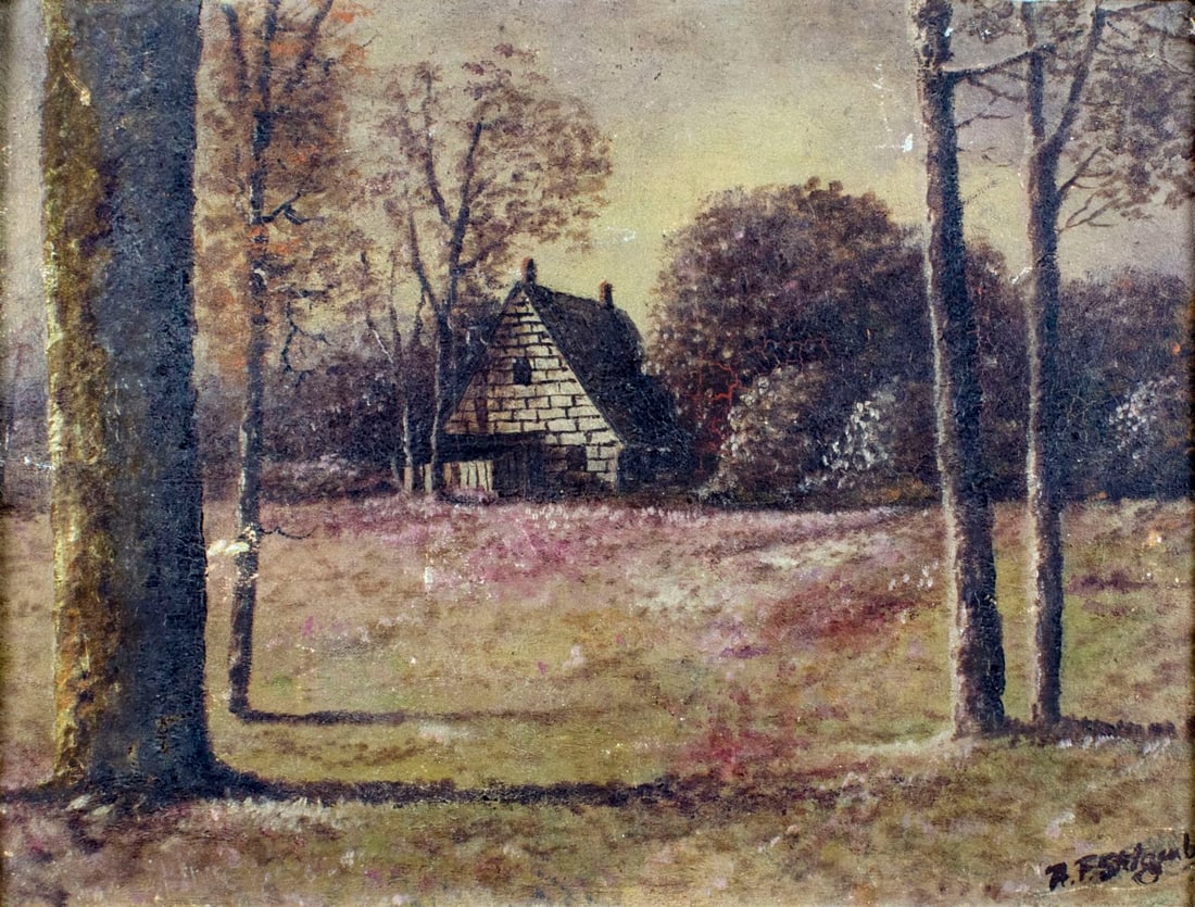 Antique 19C American oil painting: ARTIST: - (American, 19/20 centuries) TITLE: Landscape with Cottage YEAR: circa 1900 MEDIUM: oil on board CONDITION: Some paint losses. Some craquelure.