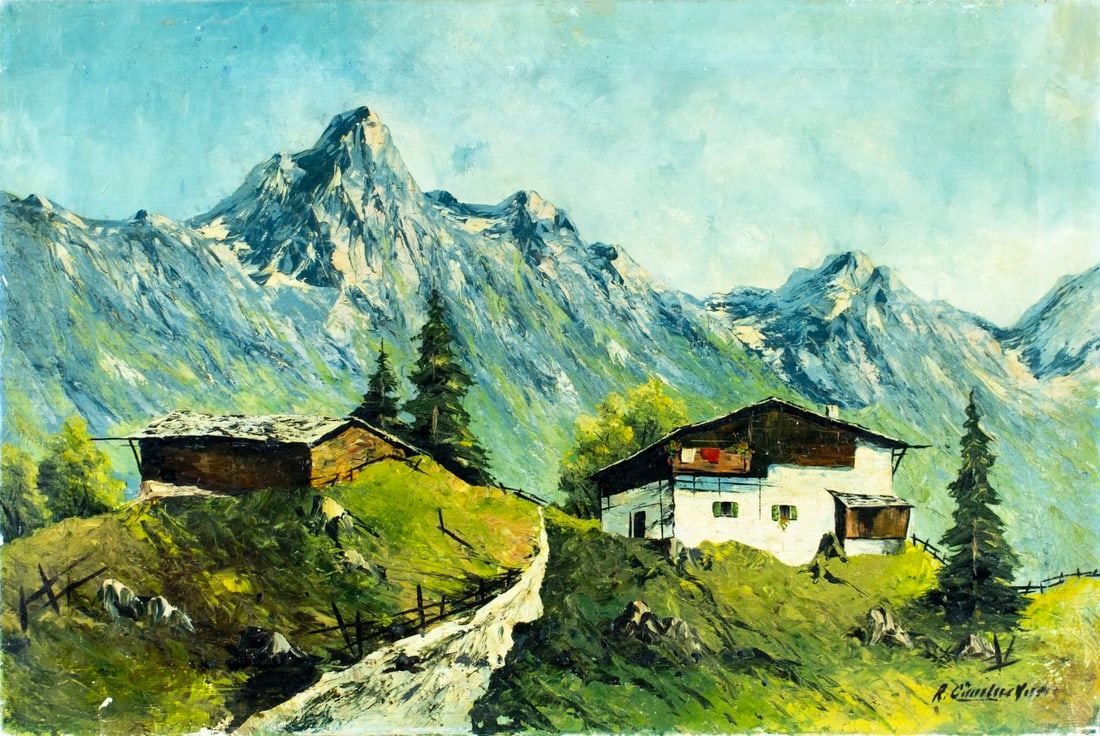 Antique early 20C German oil painting signed: ARTIST: - (Germany, early 20 century) TITLE: Alpine Village Landscape MEDIUM: oil on canvas CONDITION: Some scratches/paint losses. Minor craquelure. Some scattered inpainti