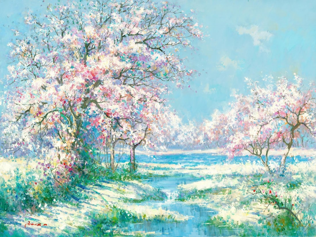 M Patrick (Europe,20C) oil painting: ARTIST: M Patrick (European, 20 century) TITLE: Cherry Blossom Landscape MEDIUM: oil on canvas CONDITION: Unstretched (In-House stretching available). Minor craquelure. No v