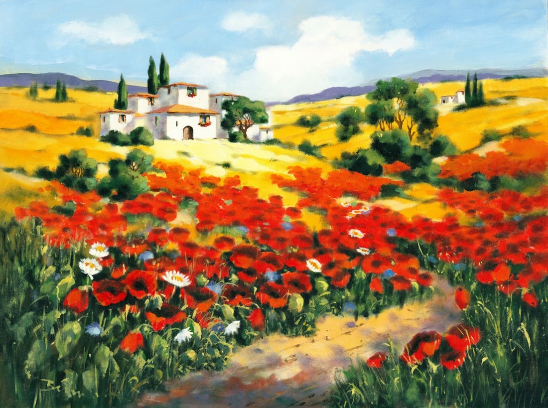 G G Brin (Europe,20C) oil painting: ARTIST: G G Brin (European, 20 century) TITLE: Landscape with Poppies MEDIUM: oil on canvas CONDITION: Unstretched (In-House stretching available). A few minor paint losses.