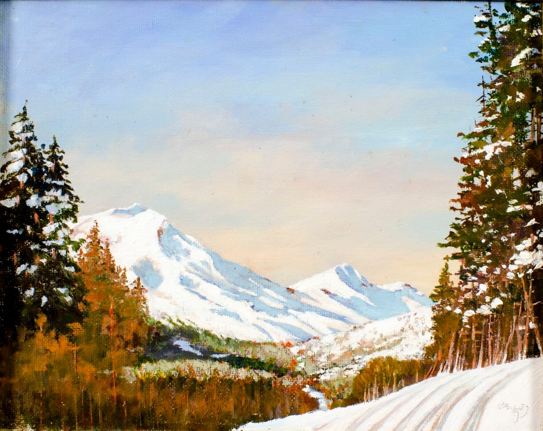 Bailey (US,20/21C) oil painting: ARTIST: Bailey (American, 20/21 centuries) TITLE: Winter Mountain Landscape MEDIUM: oil on canvas board CONDITION: Overall good. No visible inpaint under UV light.