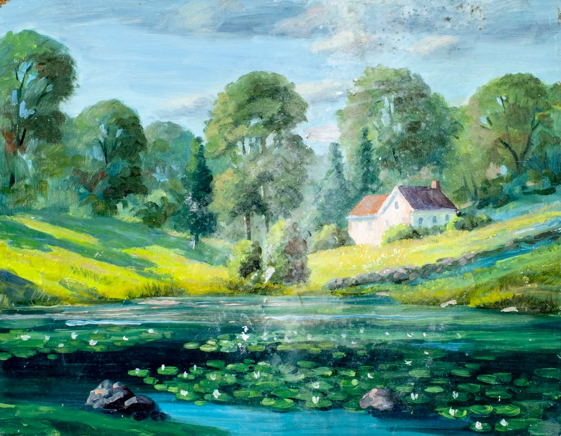 George Holloway (NJ,20C) oil painting: ARTIST: George Holloway (New Jersey, 20 century) TITLE: Country Pond Landscape with Mansion MEDIUM: oil on board CONDITION: Some damages to corners. Some flaking/paint losse