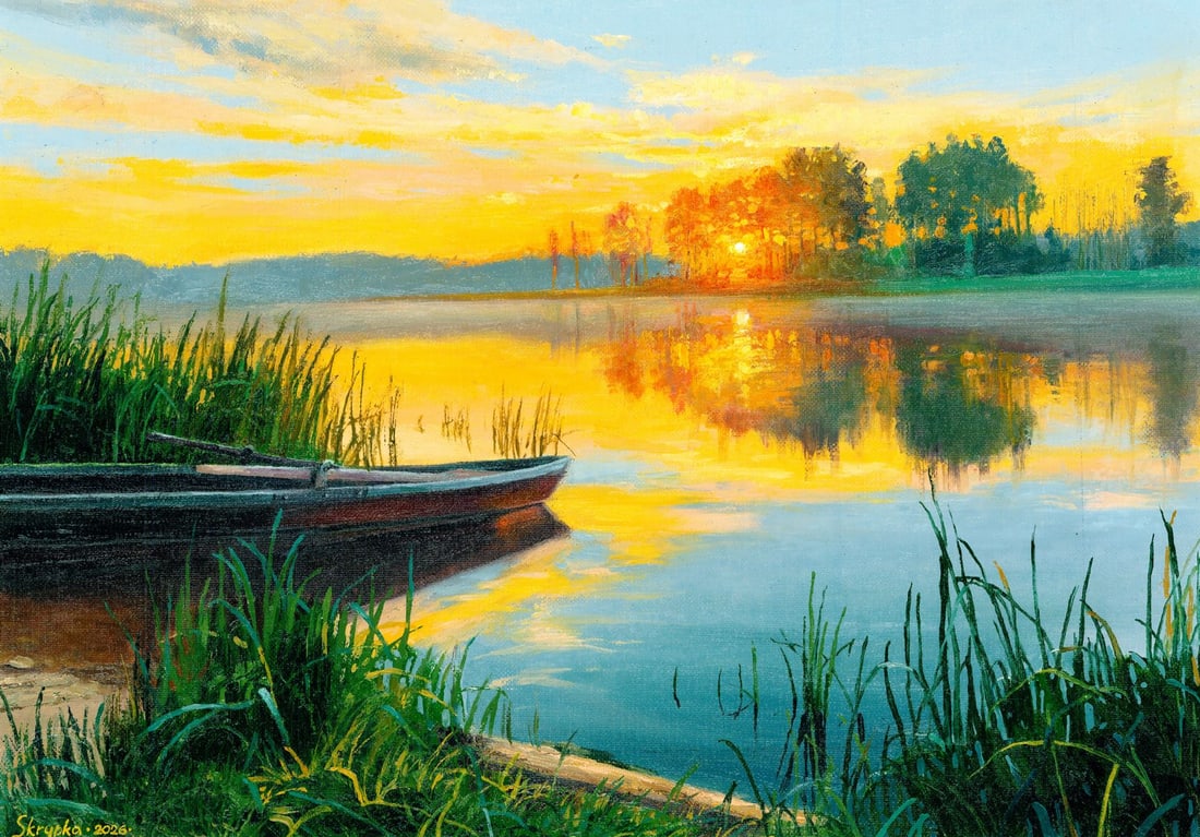 Serhiy Skrypka (Ukraine,20/21C) oil painting: ARTIST: Serhiy Skrypka (Ukrainian, 20/21 centuries) TITLE: Sunset Lake Landscape with Boat MEDIUM: oil on heavy paper CONDITION: Very good. No visible inpaint under UV light