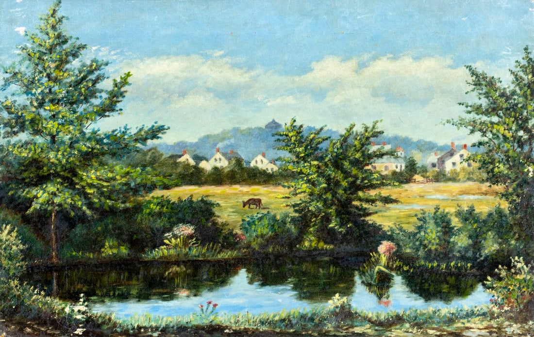 Antique 19C American oil painting: ARTIST: - (American, 19 century) TITLE: Village Landscape MEDIUM: oil on canvas CONDITION: Some small damages to the corners of canvas. Some scratches/paint losses mostly al