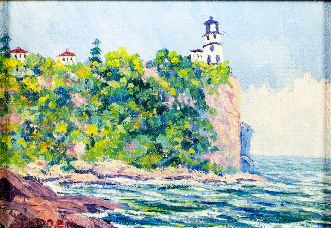 E M Seager (MN,mid 20C) oil painting: ARTIST: E M Seager (Minnesota, mid 20 century) TITLE: Split Rock Lighthouse Landscape, Lake Superior, North Shore, MN (titled on label) MEDIUM: oil on canvas board CONDITION: