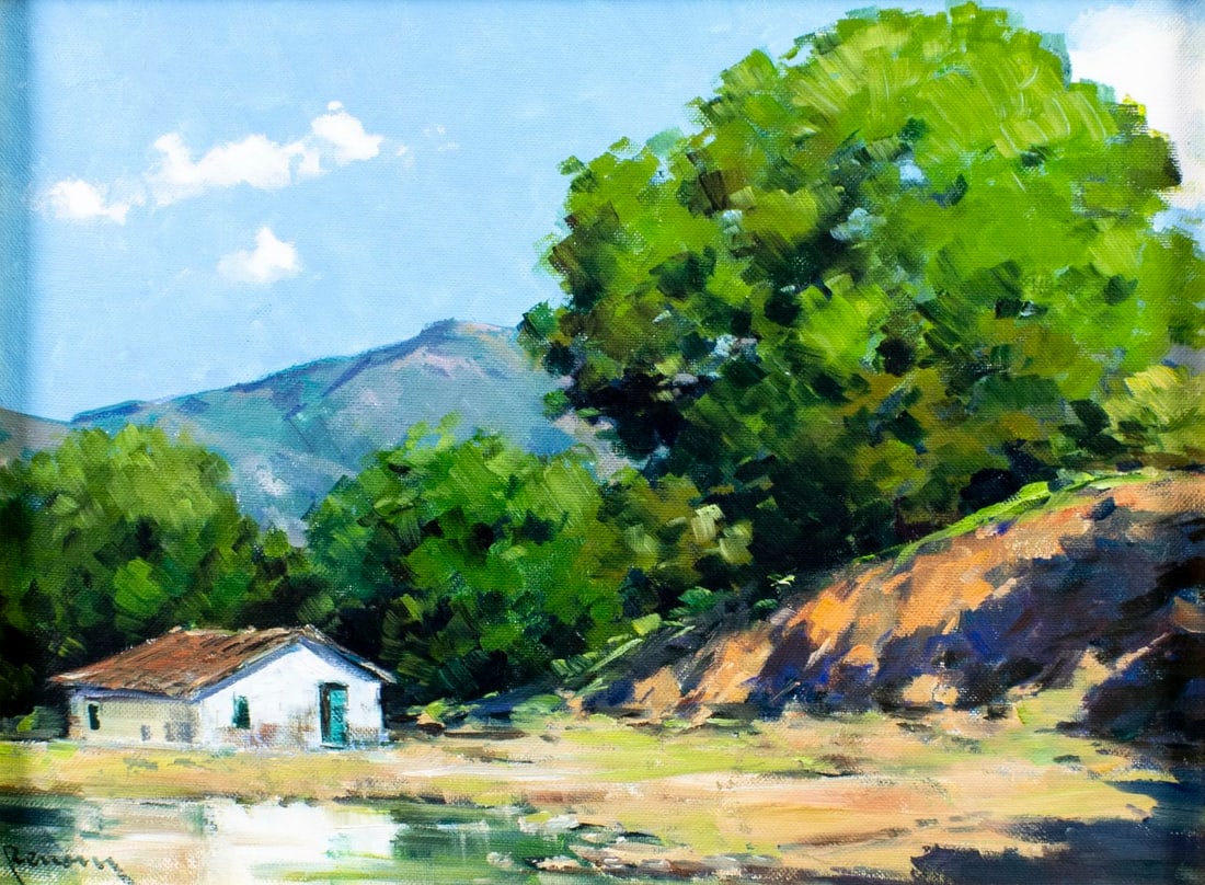 Miguel Renom de Garate (Spain,Venezuela,1912-1984) oil painting: ARTIST: Miguel Renom de Garate (Spanish, Venezuelan, 1912 - c 1984) TITLE: Country Landscape with Cottage MEDIUM: oil on canvas board CONDITION: Very good. No visible inpain