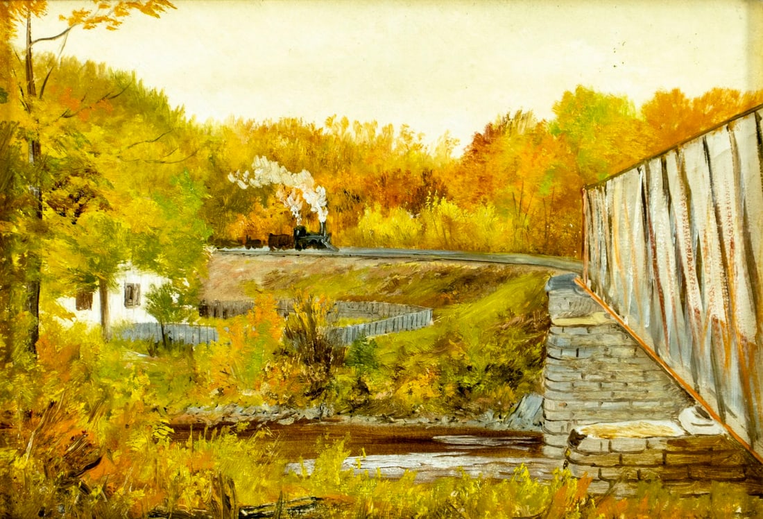 Vintage 20C American oil painting: ARTIST: - (United States, 20 century) TITLE: Autumn Landscape with Train MEDIUM: oil on canvas. Canvas applied to board. CONDITION: Minor staining by the upper right corner.