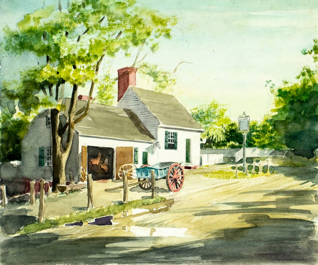 Vintage mid 20C American watercolor painting: ARTIST: - (United States, mid 20 century) TITLE: Country Landscape with Cottage and Wagon MEDIUM: watercolor on board CONDITION: Few small faint scratches mostly in the uppe