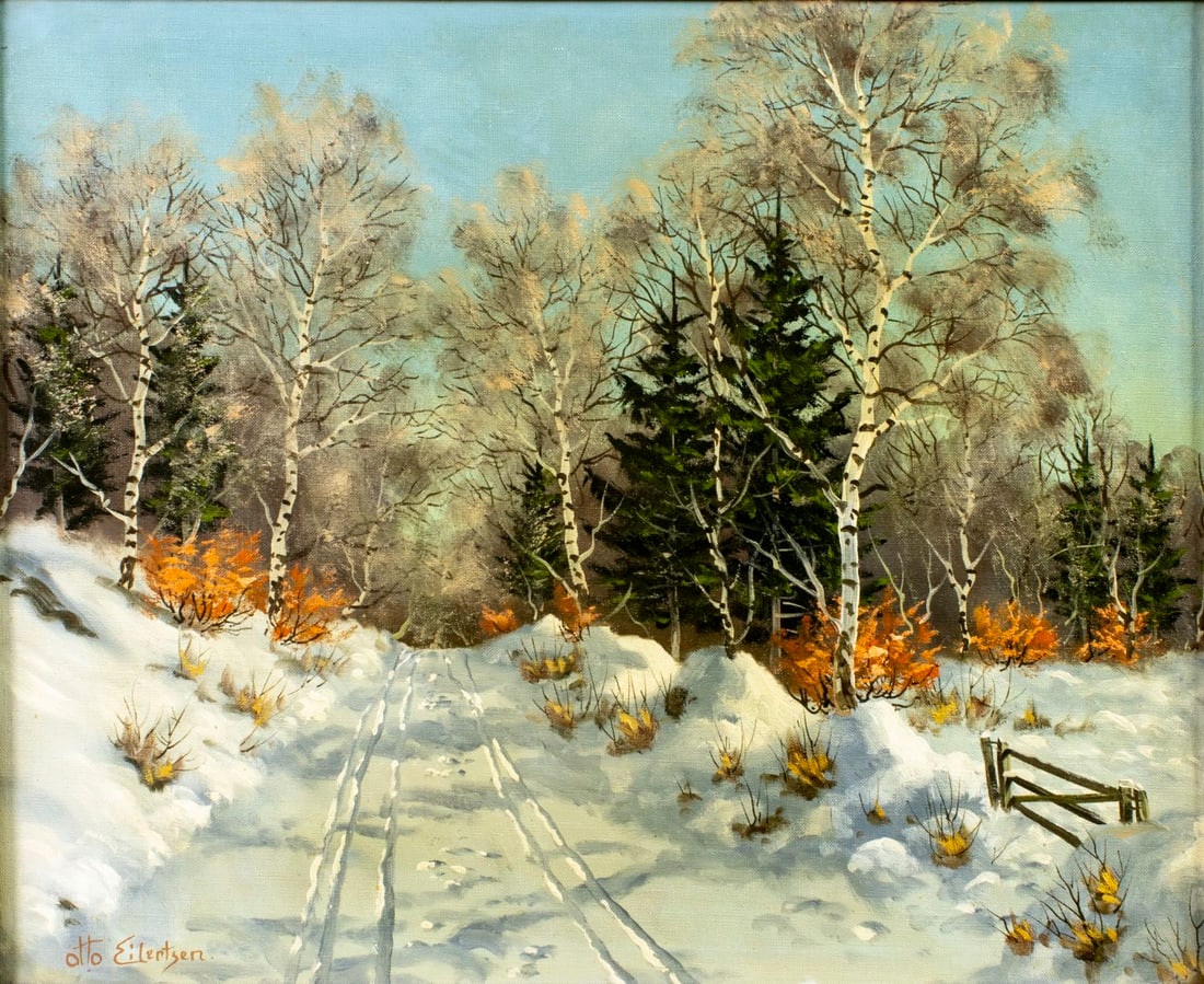 Otto Eilertsen (Danish,1908-1991) oil painting: ARTIST: Otto Eilertsen (Denmark, 1908 - 1991) TITLE: Winter Birch Forest Landscape MEDIUM: oil on canvas CONDITION: Few minor paint losses. No visible inpaint under UV light