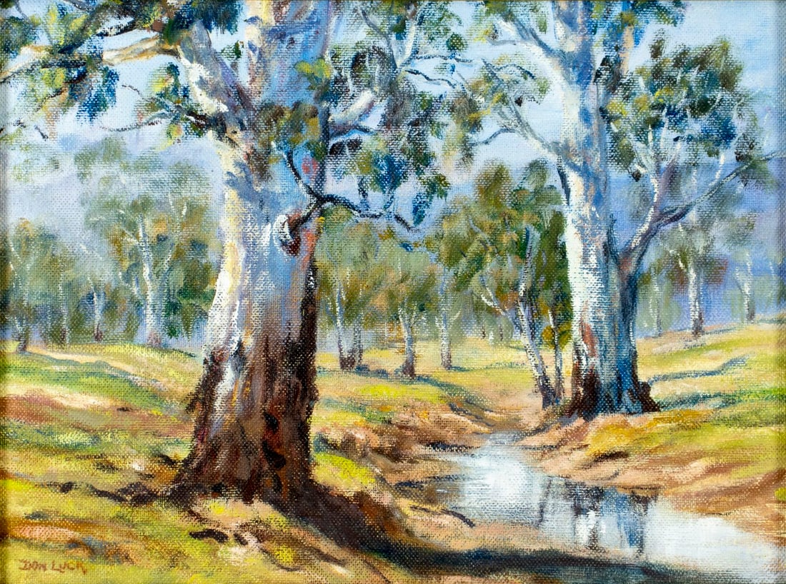 Don Luck (Australia,20C) oil painting: ARTIST: Don Luck (Australian, 20 century) TITLE: Landscape - Poison Dog Creek, Naranderra, Australia (titled on verso) MEDIUM: oil on board CONDITION: Very good. No visible