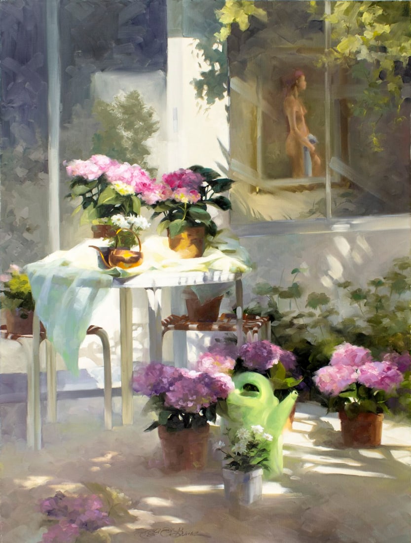 OBrien (20C) oil painting: ARTIST: OBrien (20 century) TITLE: Garden Landscape with Flowers MEDIUM: oil on canvas CONDITION: Very good. No visible inpaint under UV light. Normal wear to edges.