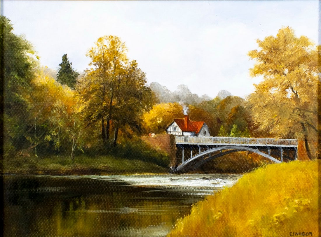 E J Wilson (UK,mid 20C) oil painting: ARTIST: E J Wilson (United Kingdom, mid 20 century) TITLE: River Landscape with Bridge MEDIUM: oil on canvas board CONDITION: Very good. No visible inpaint under UV light.
