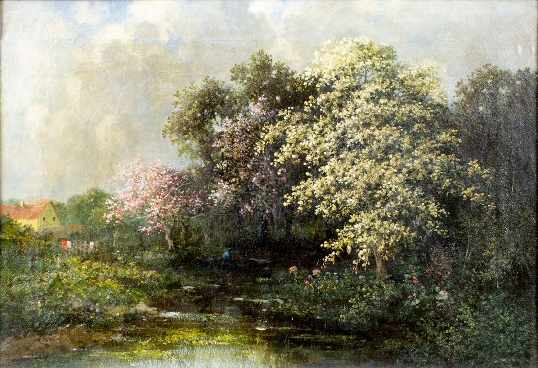 Adolf Kaufmann (Austria,1848-1916) oil painting antique: ARTIST: Adolf Kaufmann (Austrian, 1848 - 1916) TITLE: Country Landscape with Blooming Trees MEDIUM: oil on canvas CONDITION: Few repaired tears. Some flaking/paint losses (s