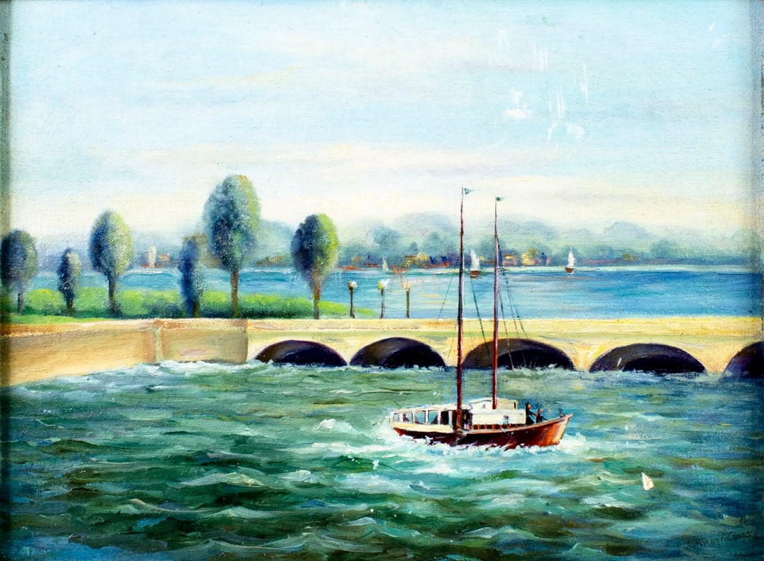 Vintage 20C American oil painting signed: ARTIST: - (American, 20 century) TITLE: River Landscape with Sailboat MEDIUM: oil on canvas board CONDITION: Some scratches/paint losses. Minor craquelure. No visible inpain