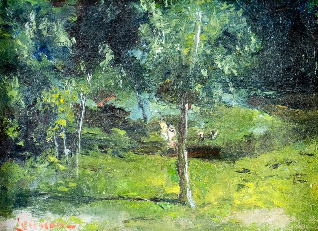 Bernard Lennon (NY,CT,1914-1992) oil painting: ARTIST: Bernard Lennon (New York, Connecticut, 1914 - 1992) TITLE: Landscape MEDIUM: oil on canvas. Canvas applied to board. CONDITION: Missing a few flakes of paint. No vis