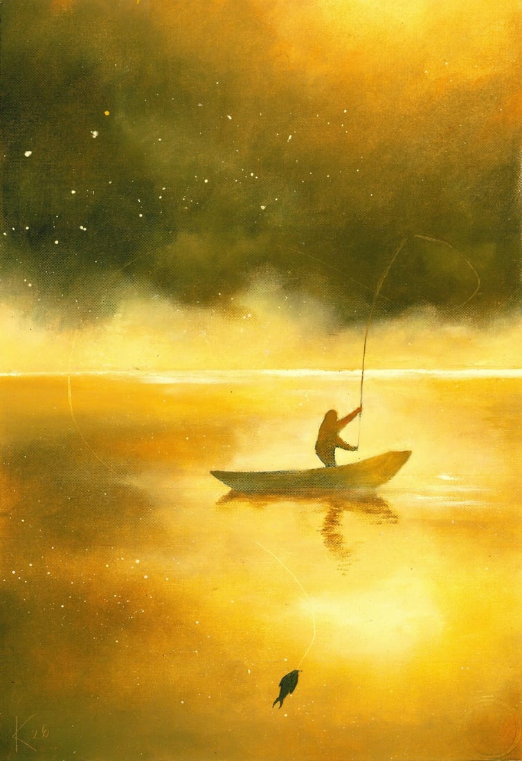 Inna Kravtsova (Ukraine,20/21C) oil painting: ARTIST: Inna Kravtsova (Ukraine, 20/21 centuries) TITLE: Sunset Landscape with Fisherman MEDIUM: oil on heavy paper CONDITION: Very good. No visible inpaint under UV light.<