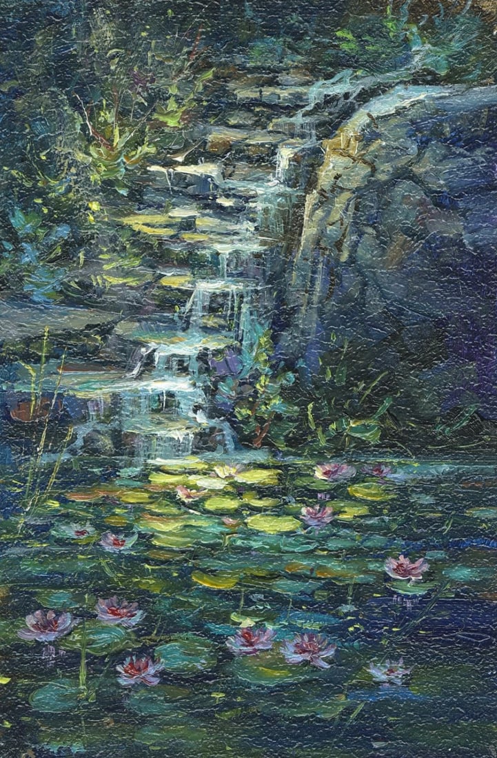 Sergey Kozachkin (Ukraine,b 1965) oil painting: ARTIST: Sergey Vasilievich Kozachkin (Ukraine, born 1965) TITLE: Waterfall Landscape with Water Lilies MEDIUM: oil on board CONDITION: Very good. No visible inpaint under UV