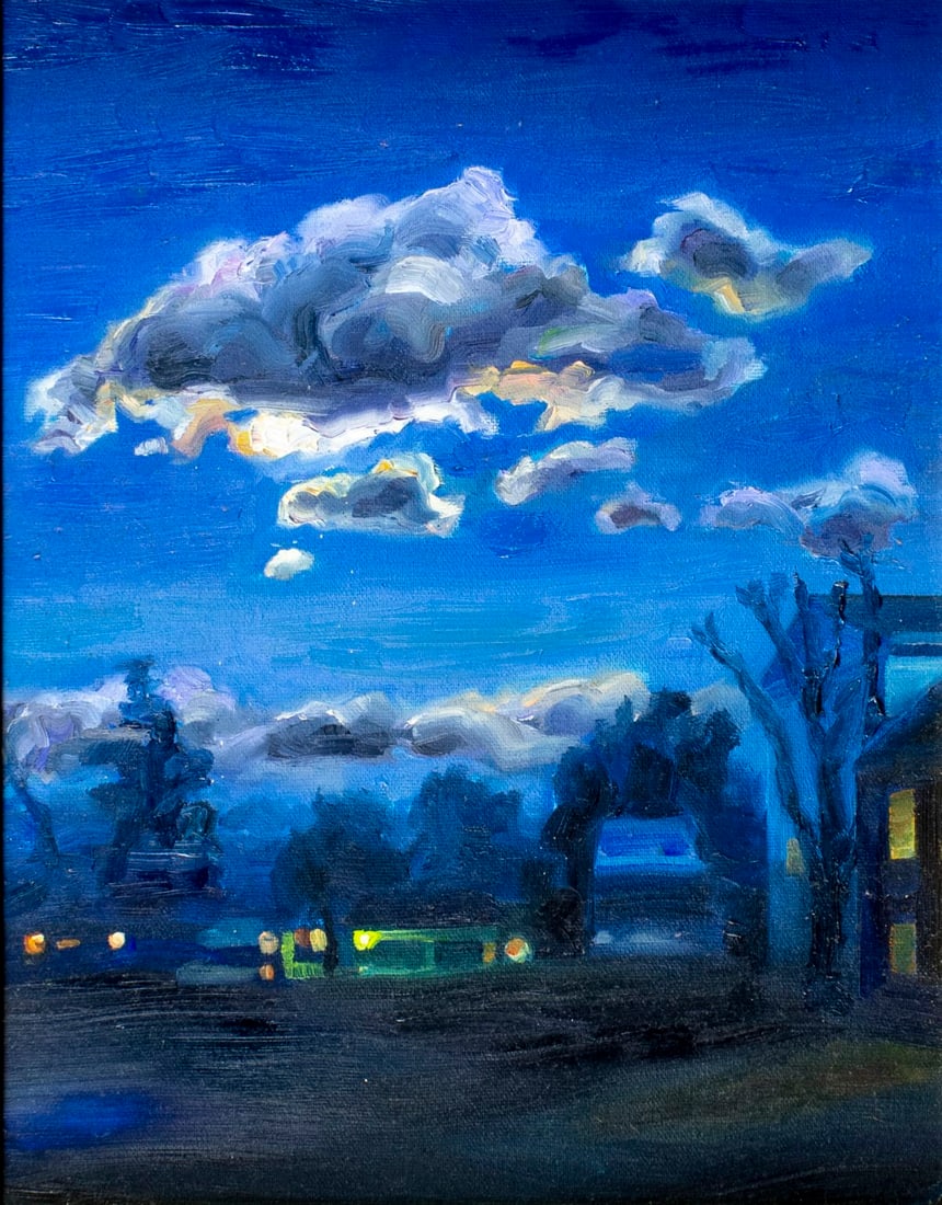 Carrie M Nixon (MA,20/21C) oil painting: ARTIST: Carrie M Nixon (Massachusetts, 20/21 centuries) TITLE: Neighborhood at Night (titled on verso) YEAR: 2007 MEDIUM: oil on canvas CONDITION: Few mi