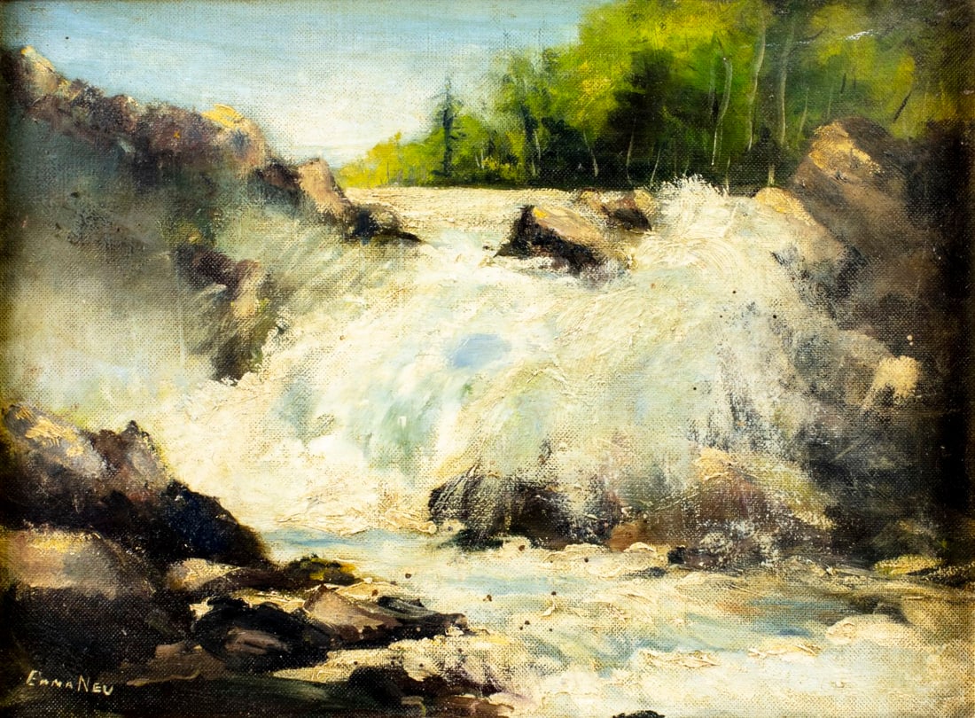 Erna Neu (US,mid 20C) oil painting: ARTIST: Erna Neu (American, mid 20 century) TITLE: Waterfall Landscape MEDIUM: oil on board CONDITION: Some small dark spots. Few minor scratches/paint losses. No visible in