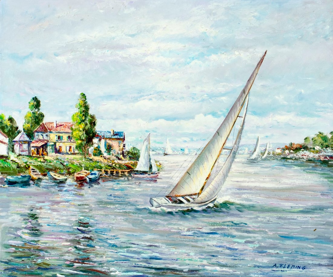 A Fleming (Europe,20C) oil painting: ARTIST: A Fleming (European, 20 century) TITLE: Harbor Scene with Sailboats MEDIUM: oil on canvas CONDITION: Very good. No visible inpaint under UV light. Normal wear along