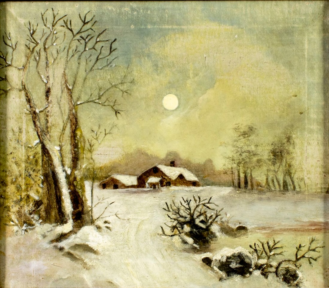 Antique 19C American oil painting: ARTIST: - (United States, 19 century) TITLE: Winter Landscape with Cottage MEDIUM: oil on canvas CONDITION: Some paint losses (see pictures carefully). Minor craquelure. No