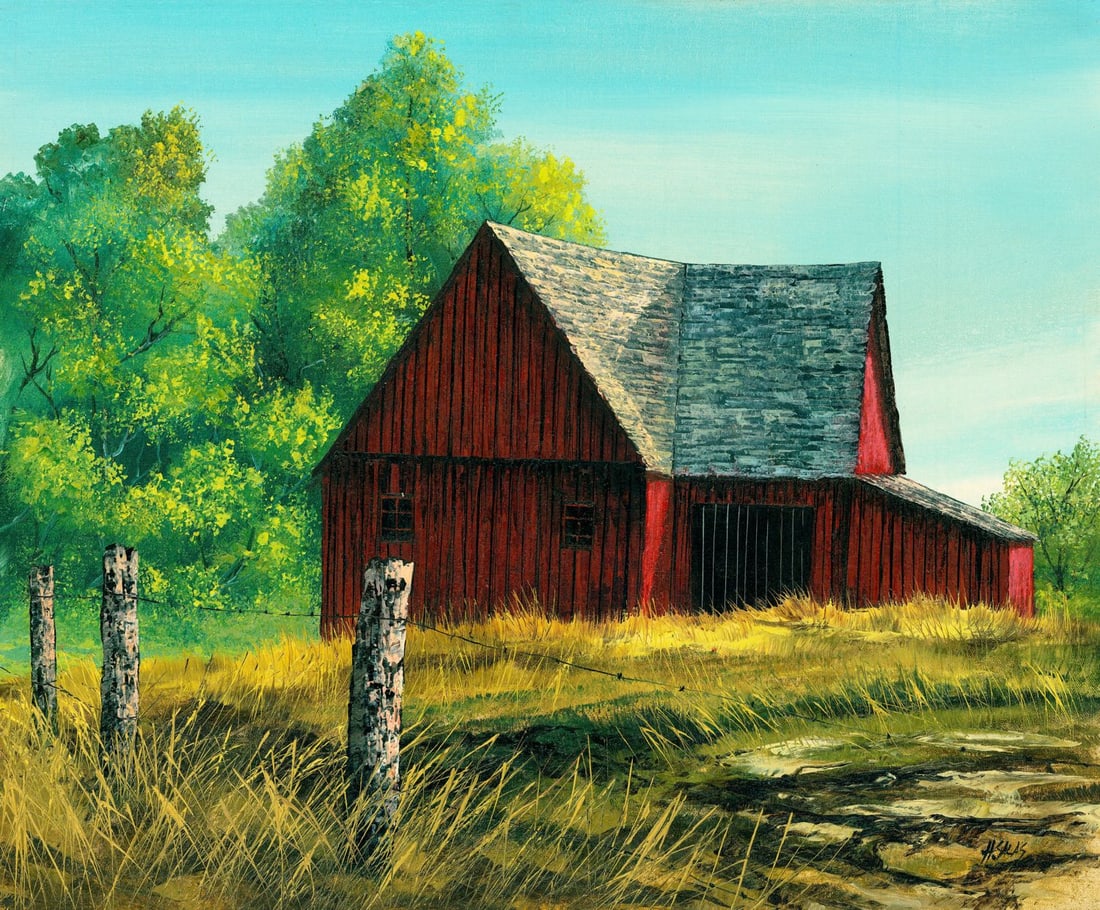 Hector Salas (Argentina,1926-?) oil painting: ARTIST: Hector Salas (Argentinian, 1926 - ???) TITLE: Barn Landscape MEDIUM: oil on canvas CONDITION: Unstretched (In-House stretching available). Few minor paint losses. No