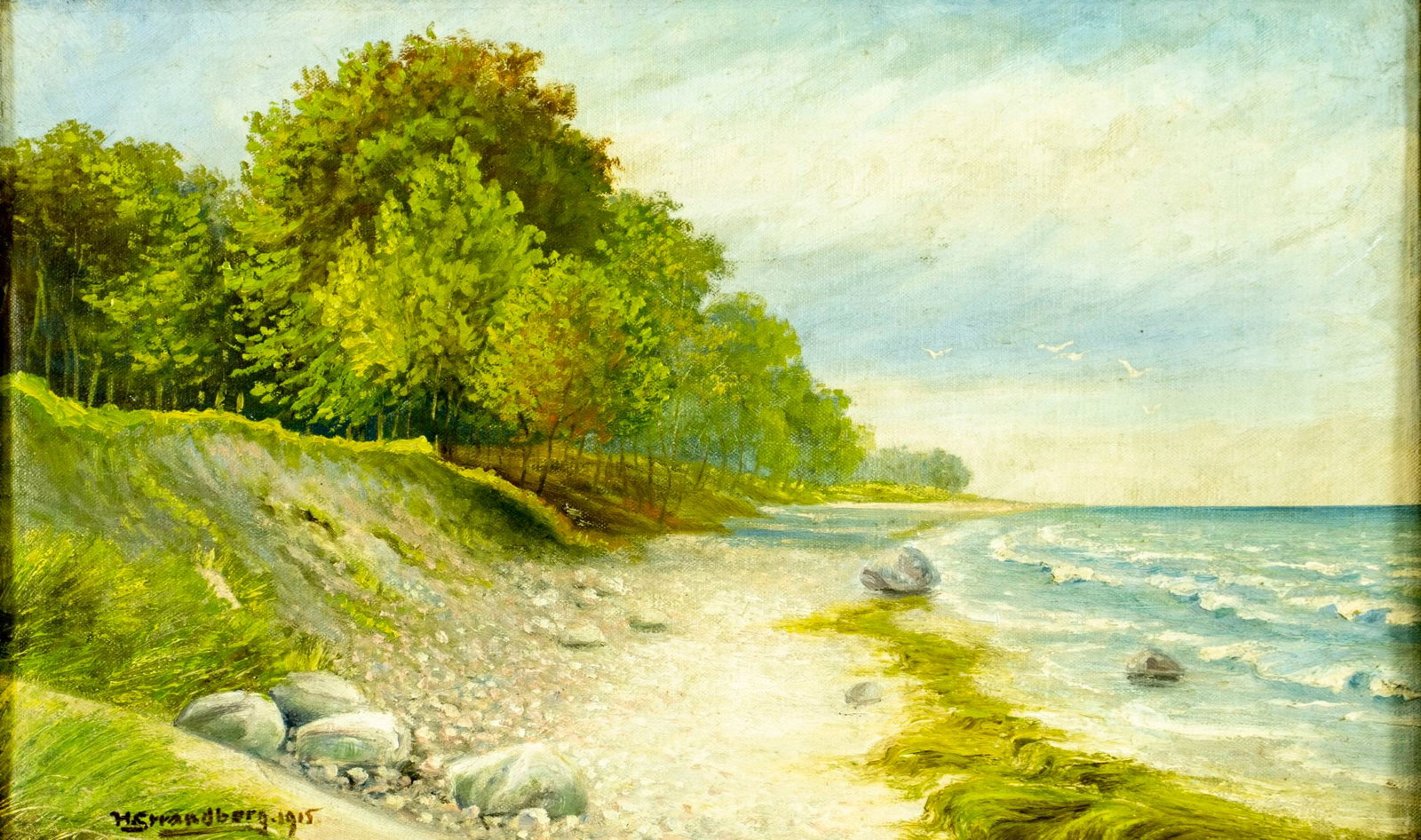 Antique early 20C Danish oil painting signed: ARTIST: - (Denmark, early 20 century) TITLE: Coastal Landscape YEAR: 1915 MEDIUM: oil on canvas CONDITION: Few small scratches. Minor craquelure. No visi